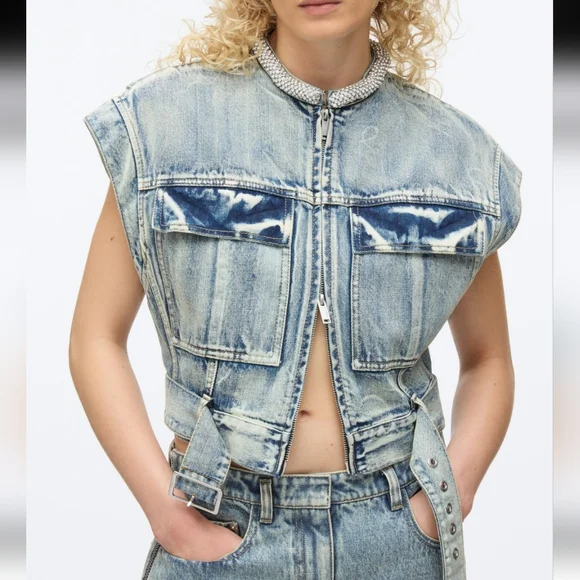 3.1 Pillip Lim Denim Vest with Crystal Necklace - Picture 2 of 8